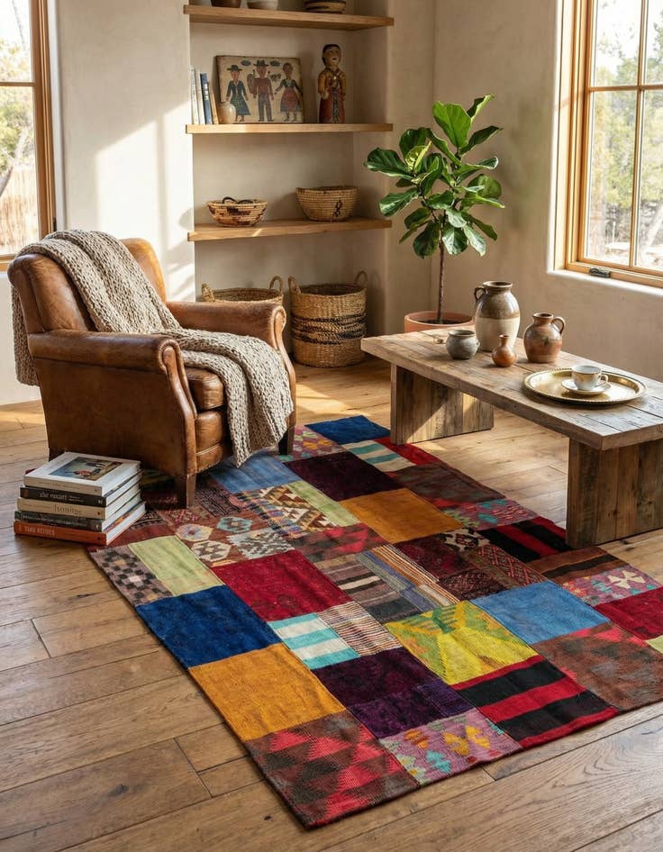 Detail image of 4' 2 x 5' 11  Hand Woven Kilim Patchwork Wool Rug