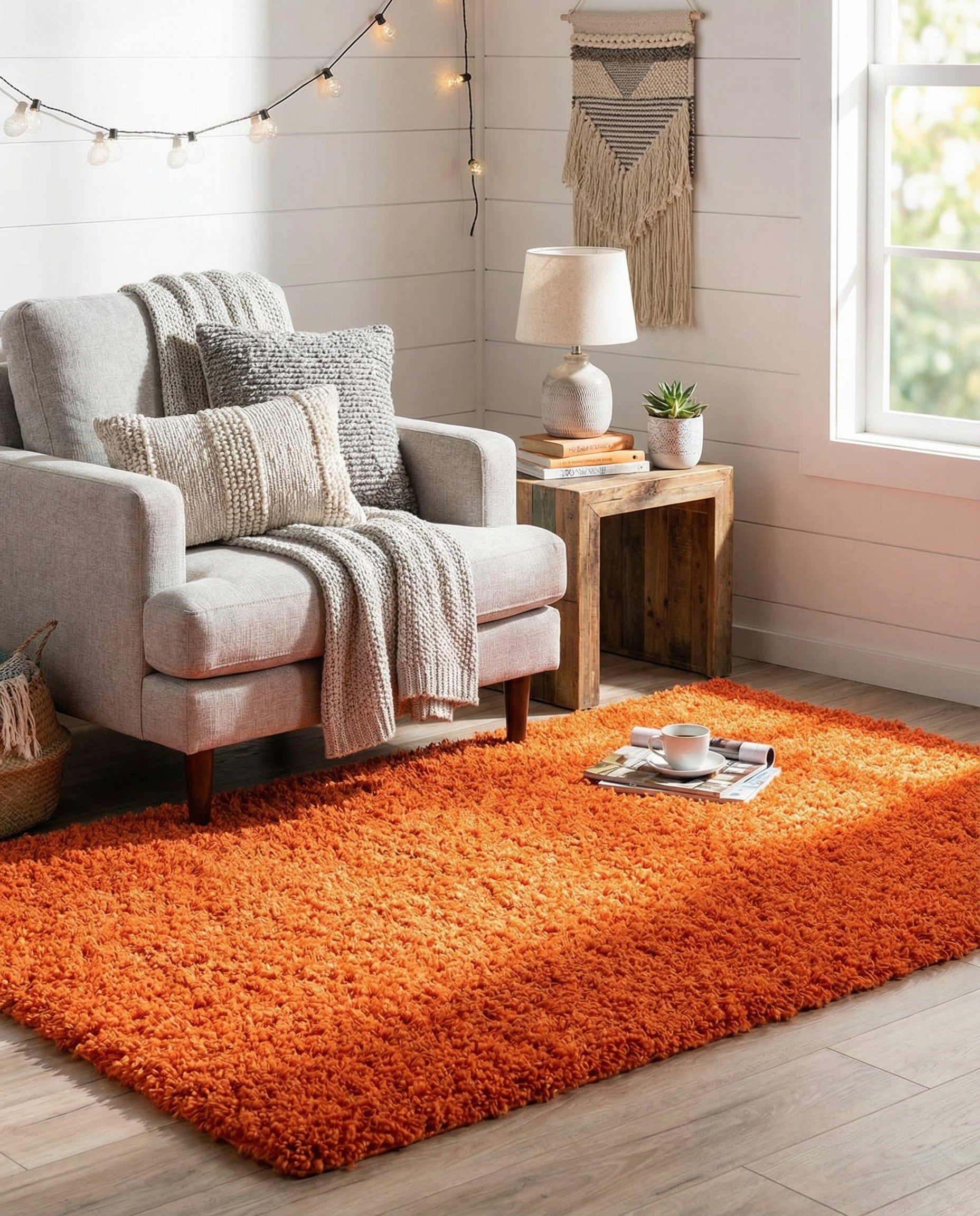A vibrant 3x5 rectangular orange shag rug, showcasing its plush, textured pile and solid modern design.