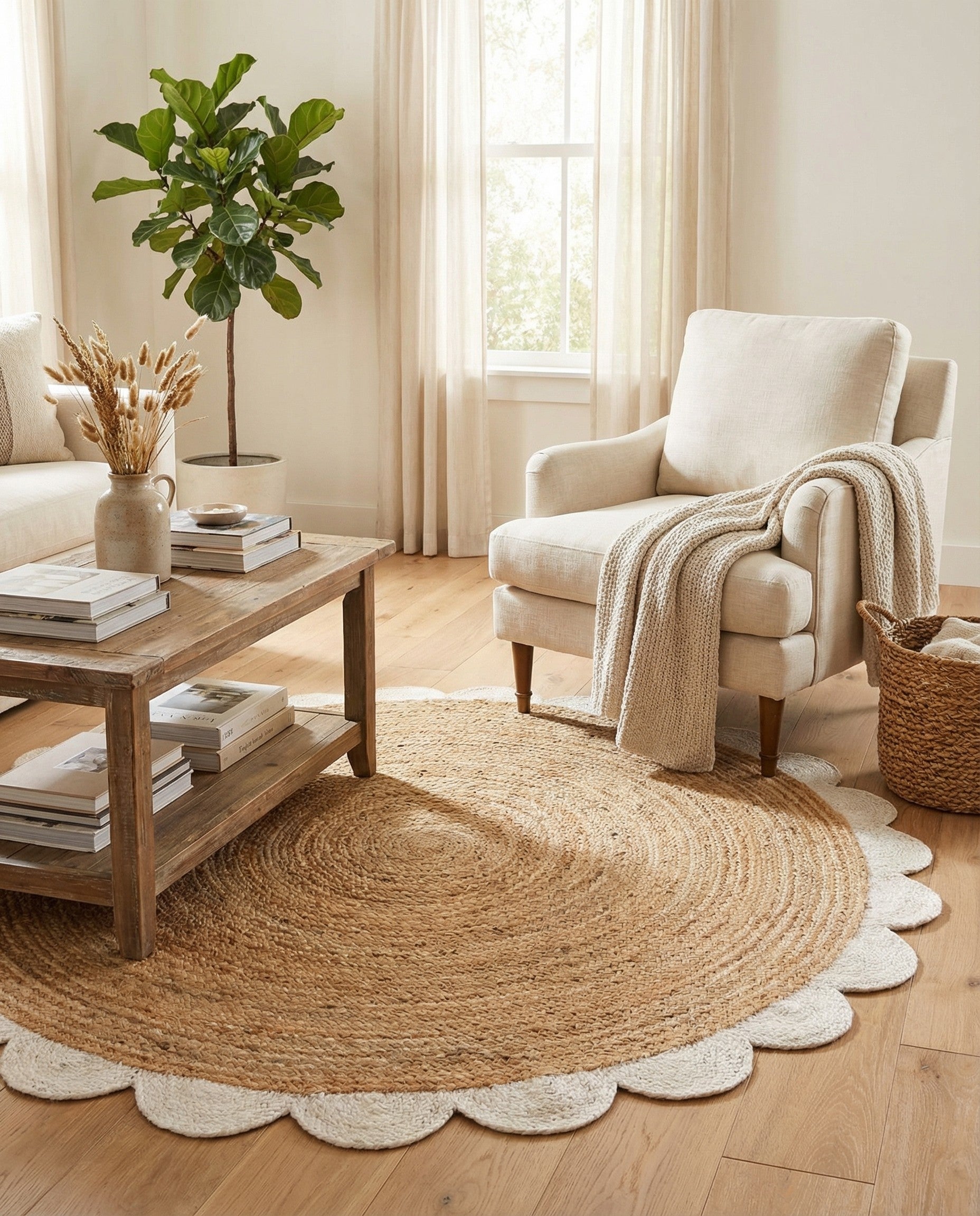A round, natural jute rug with a distinctive ivory scalloped border, showcasing its braided texture.
