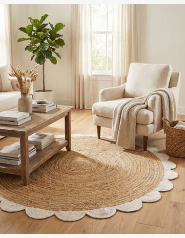 Natural and Ivory Handmade Scallop Braided Jute Round Rug