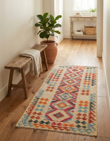 3' 4 x 6' 8 Hand Woven Kilim Maymana Wool Runner Rug