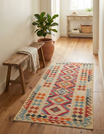 3' 4 x 6' 8 Hand Woven Kilim Maymana Wool Runner Rug