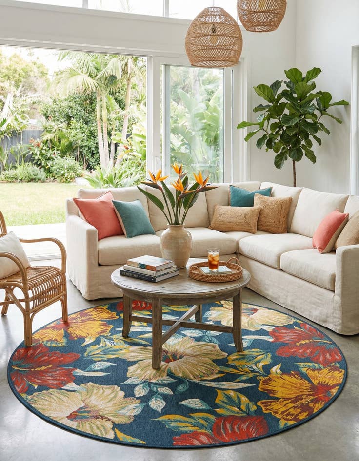 Detail image of 7' 10 x 7' 10  Washable Coastal Indoor / Outdoor Round Rug