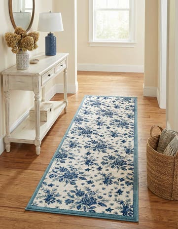 Ivory and Blue Blossom Runner Rug