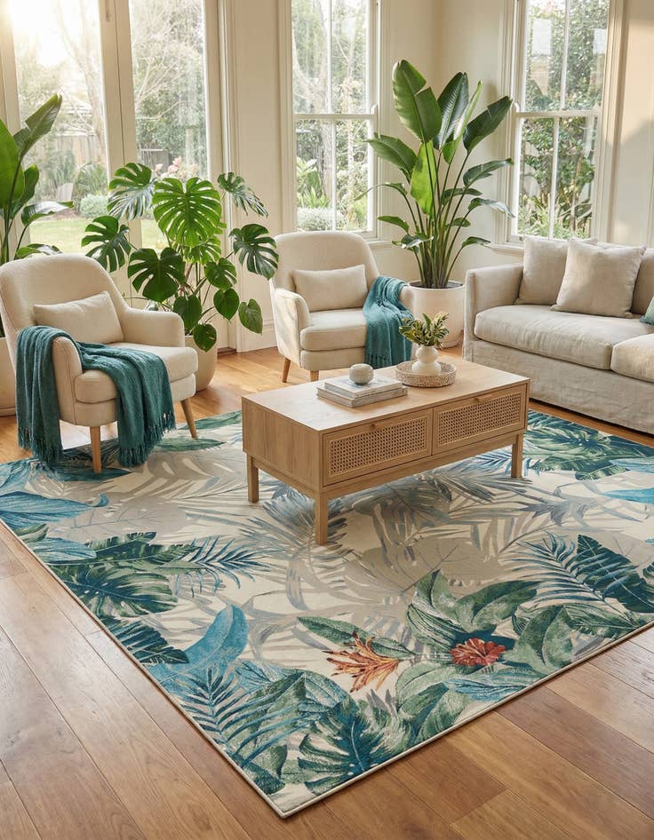 Detail image of 12' x 12'  Washable Botanical Indoor / Outdoor Square Rug