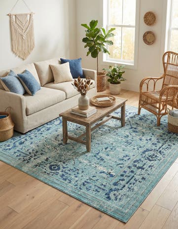 Light Blue Washable Fleur Square Rug
