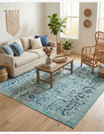 Light Blue Washable Fleur Square Rug