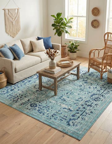 Light Blue Washable Fleur Square Rug