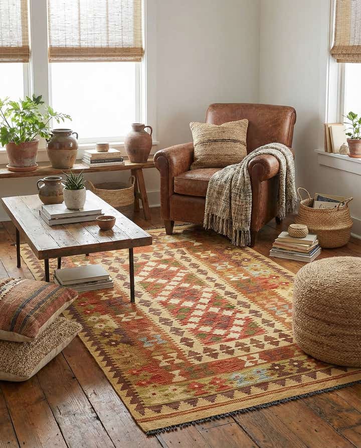 3' 4 x 5' 5 Hand Woven Kilim Maymana Wool Rug