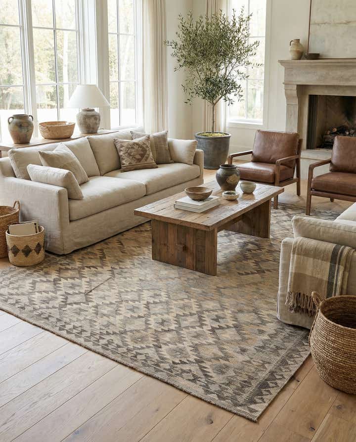 7' 1 x 9' 8 Hand Woven Kilim Maymana Wool Rug