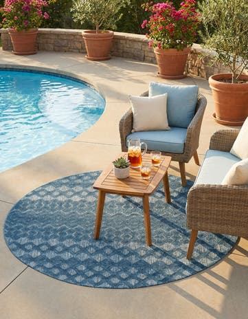 Navy Blue Easy-Clean Trellis Textured Indoor / Outdoor Round Rug