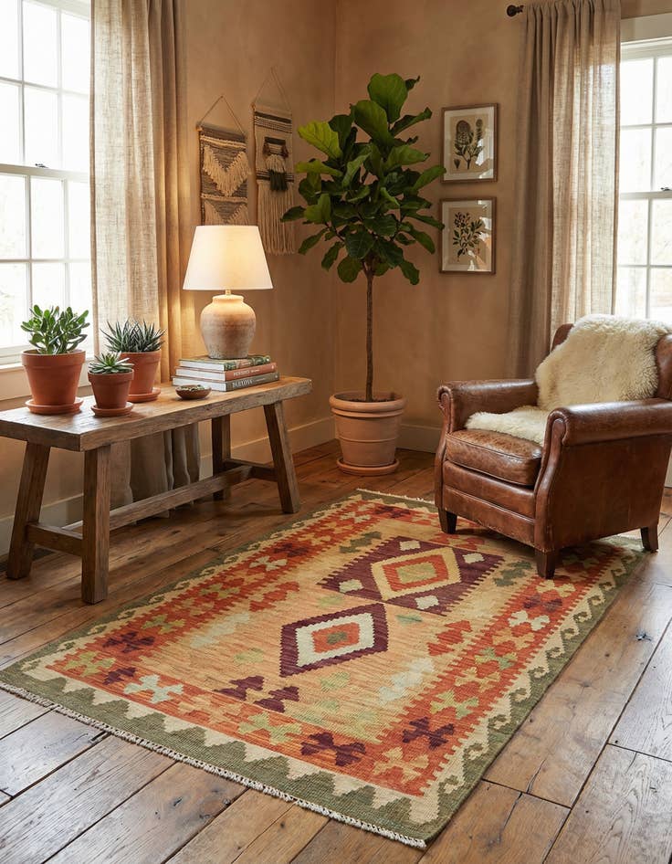 Detail image of 2' 6 x 4'  Hand Woven Kilim Maymana Wool Rug