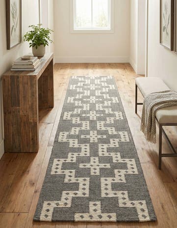 Gray and White Hand Woven Kilim Wool Runner Rug