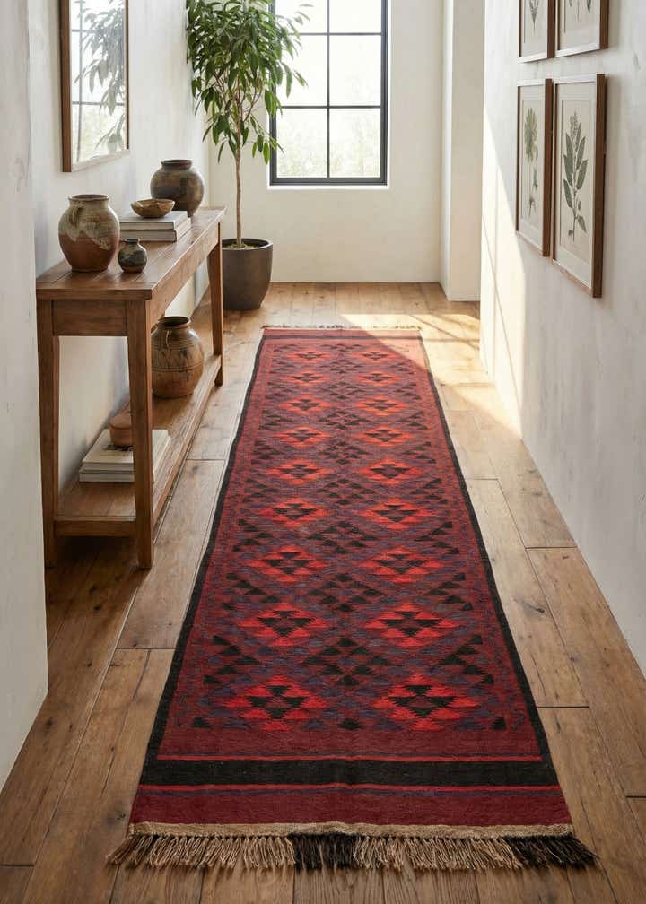 4' 4 x 15' 7 Hand Woven Kilim Maymana Wool Runner Rug