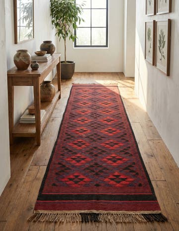 4' 4 x 15' 7 Hand Woven Kilim Maymana Wool Runner Rug