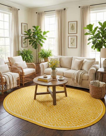 Yellow Easy-Clean Trellis Indoor / Outdoor Oval Rug