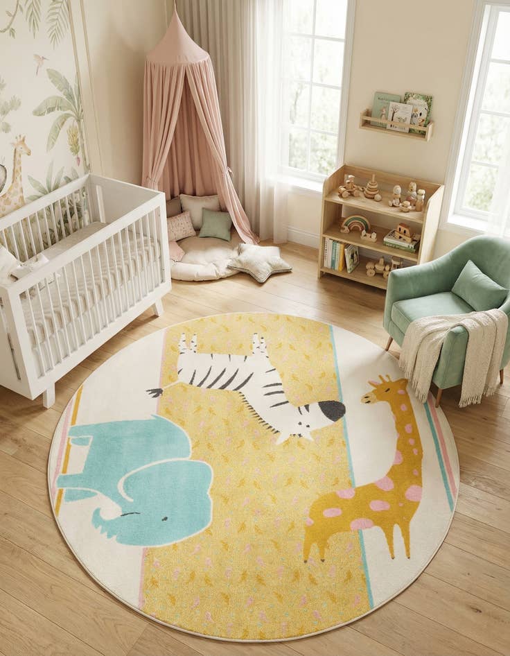 Detail image of  7' 10 x 7' 10 Animals Whimsy Kids Round Rug
