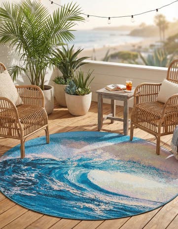 Blue Easy-Clean Modern Indoor / Outdoor Round Rug