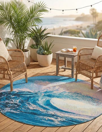 Blue Easy-Clean Modern Indoor / Outdoor Round Rug