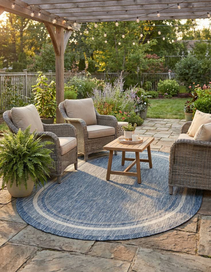 Detail image of 5' 3 x 8' Easy-Clean Border Indoor / Outdoor Oval Rug