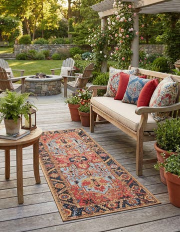 Rust Red and Blue Easy-Clean Traditional Indoor / Outdoor Runner Rug