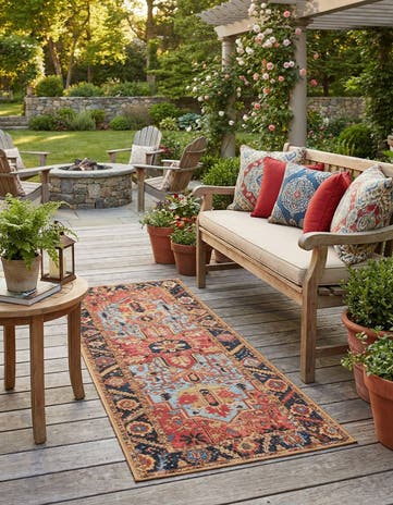 Rust Red and Blue Easy-Clean Traditional Indoor / Outdoor Runner Rug