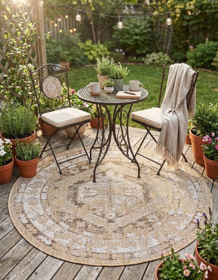 Detail image of 4' x 4'  Washable Traditional Indoor / Outdoor Round Rug