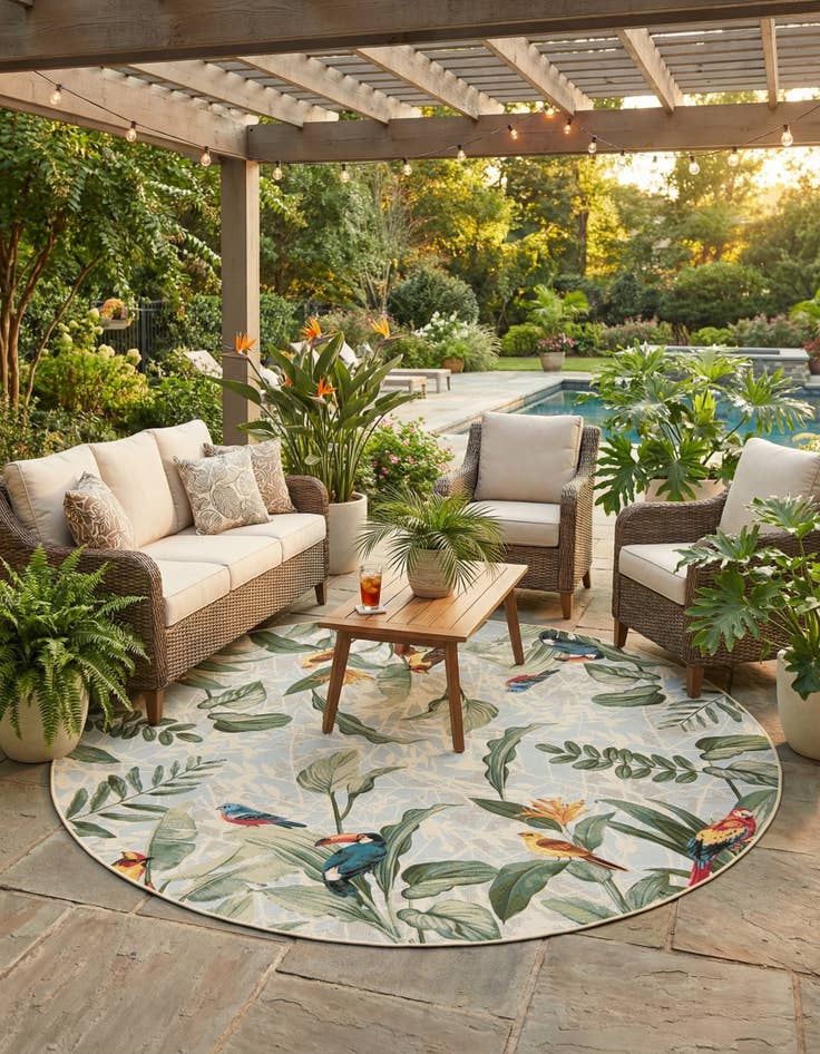 Detail image of 10' x 10'  Washable Botanical Indoor / Outdoor Round Rug