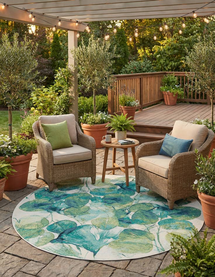 Detail image of 7' 10 x 7' 10  Washable Botanical Indoor / Outdoor Round Rug