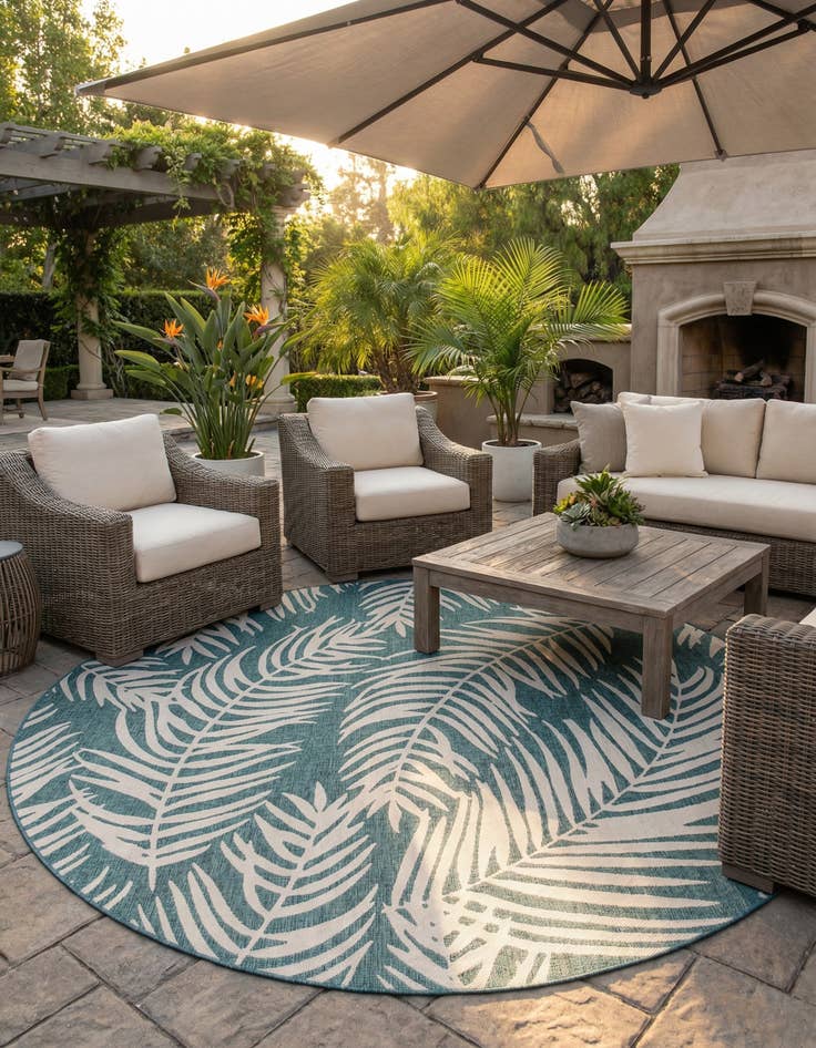 Detail image of  13' x 13'  Washable Botanical Indoor / Outdoor Round Rug