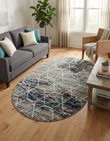 Blue Multi Lattice Frieze Oval Rug
