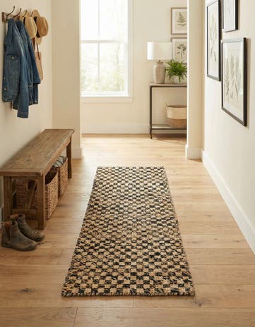 2' x 5' 1 Hand Woven Checkered Jute Wool Runner Rug