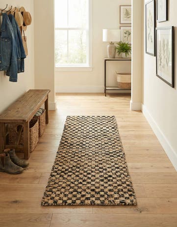 2' x 5' 1 Hand Woven Checkered Jute Wool Runner Rug