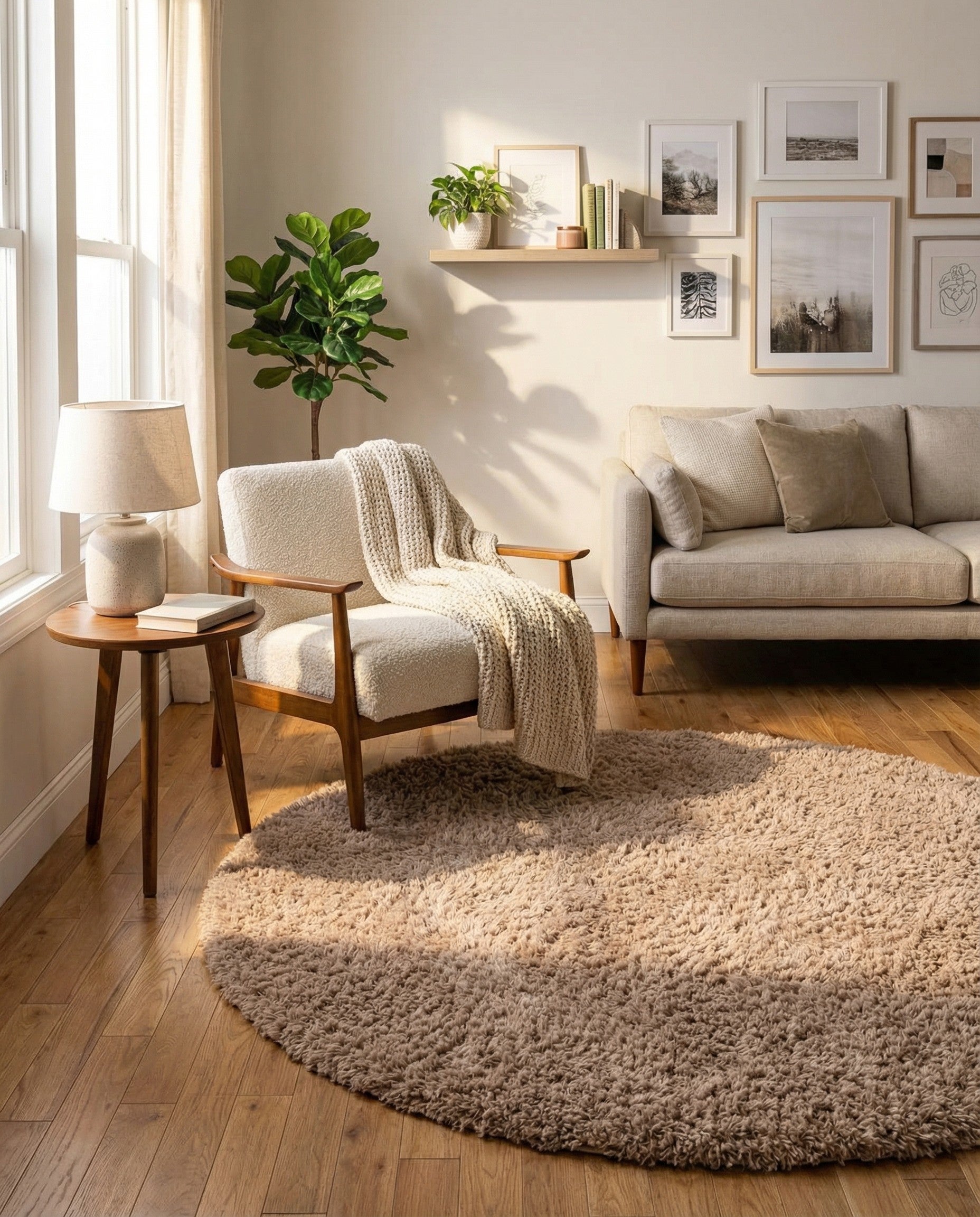 A 4' round brown shag rug with a textured, plush pile, perfect for adding warmth to any indoor space.