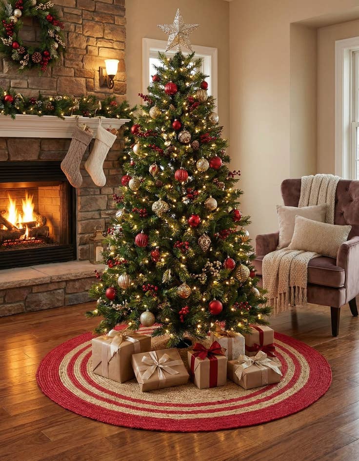 Detail image of 4' 1 x 4' 1  Hand Braided Christmas Tree Skirt