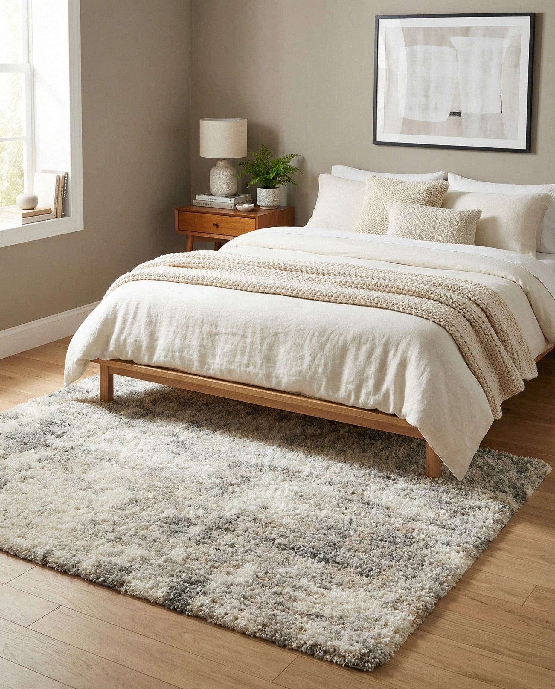 A 5'x5' square gray and silver shag rug with a soft, textured pile and a modern, minimalist design.