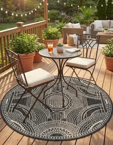 Black and White Easy-Clean Traditional Indoor / Outdoor Round Rug