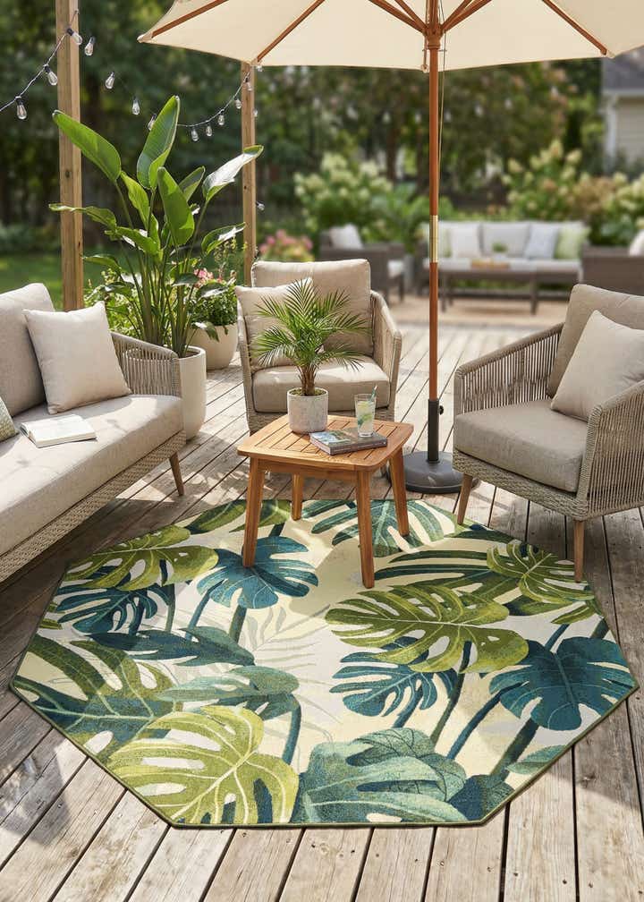 7' x 7' Easy-Clean Botanical Indoor / Outdoor Octagon Rug