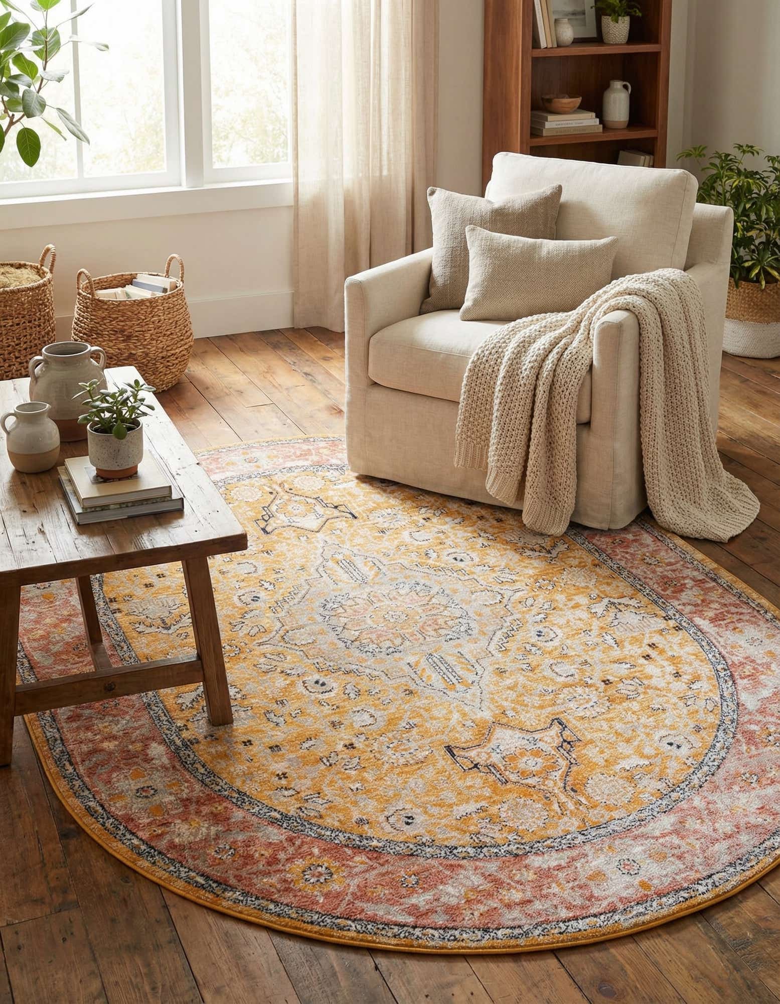 An oval yellow and gold bohemian rug with a central medallion and a distressed red-orange border, suitable for an indoor living space.