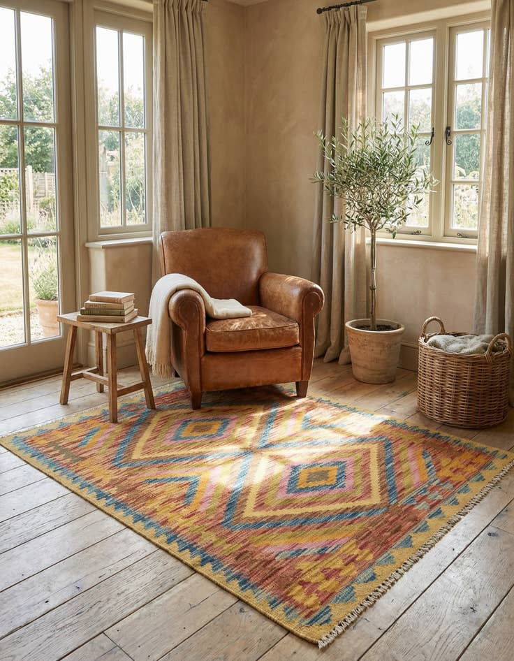 Detail image of 3' x 3' 9  Hand Woven Kilim Maymana Wool Square Rug