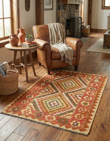 3' 4 x 4' 10 Hand Woven Kilim Maymana Wool Rug