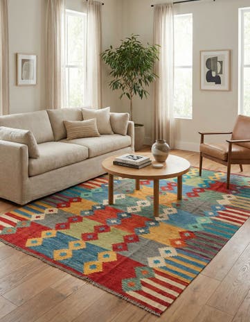 6' 7 x 9' 7 Hand Woven Kilim Modern Wool Rug