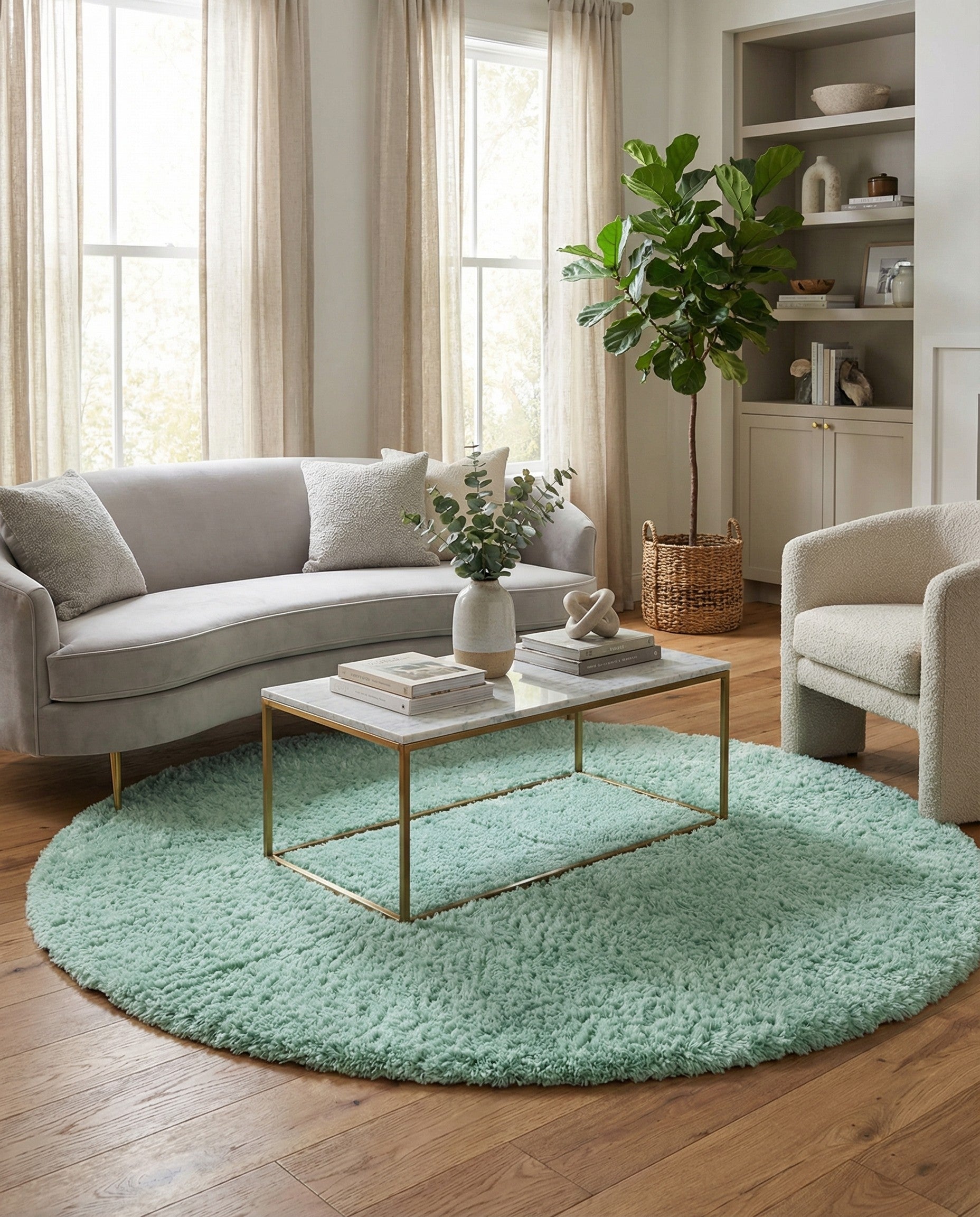 A soft, plush 8-foot round shag rug in a vibrant cyan color, perfect for a modern living space.