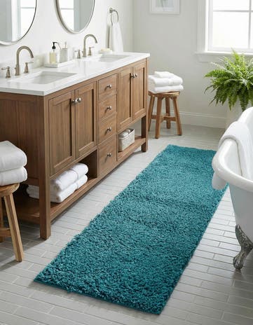 Deep Aqua Blue Solid Shag Runner Rug