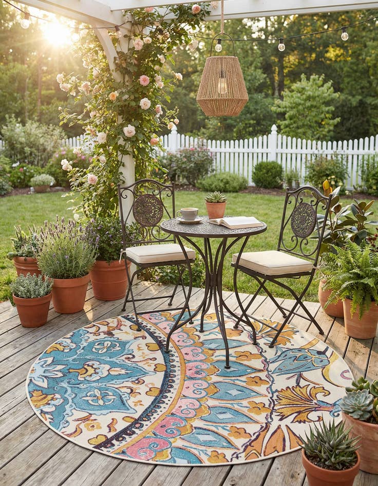 Detail image of 5' x 5' Easy-Clean Traditional Indoor / Outdoor Round Rug