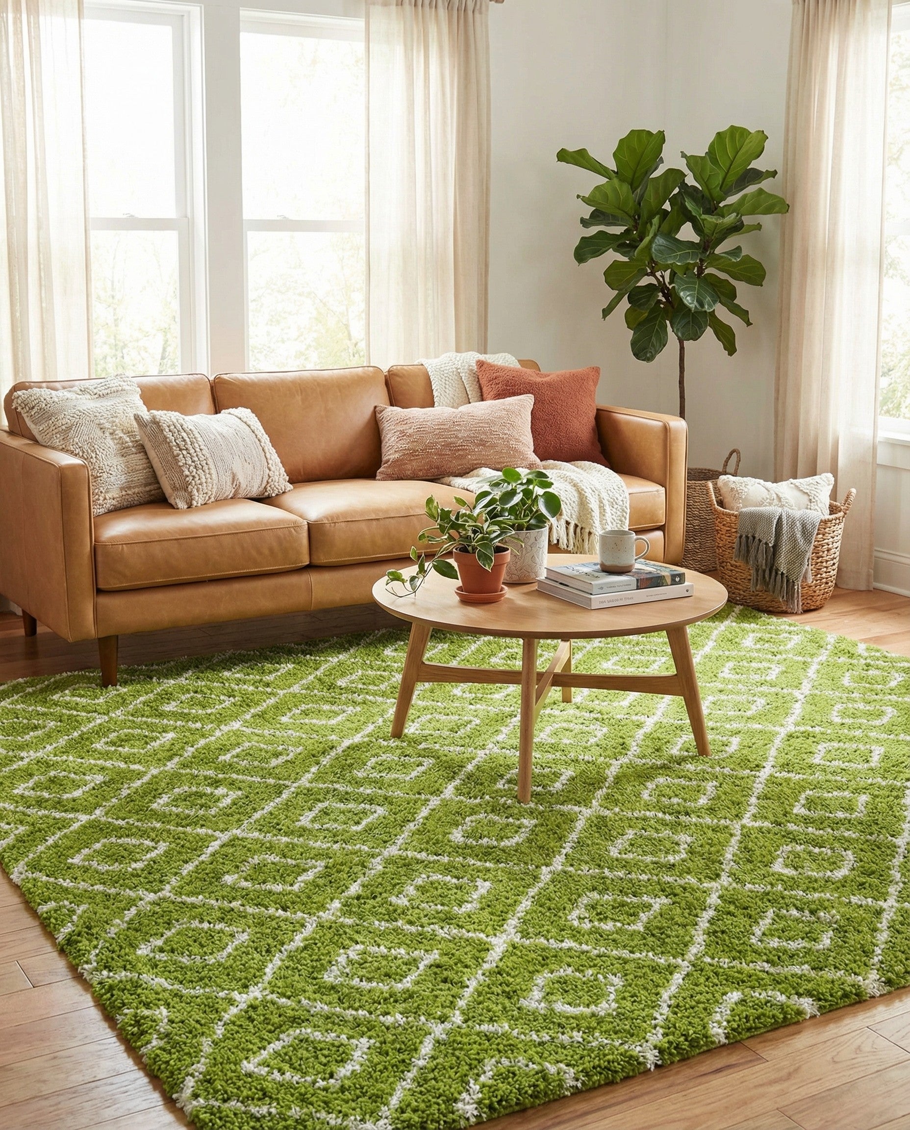 A vibrant green 10' square shag rug with a white modern trellis pattern, showcasing its high/low textured pile.