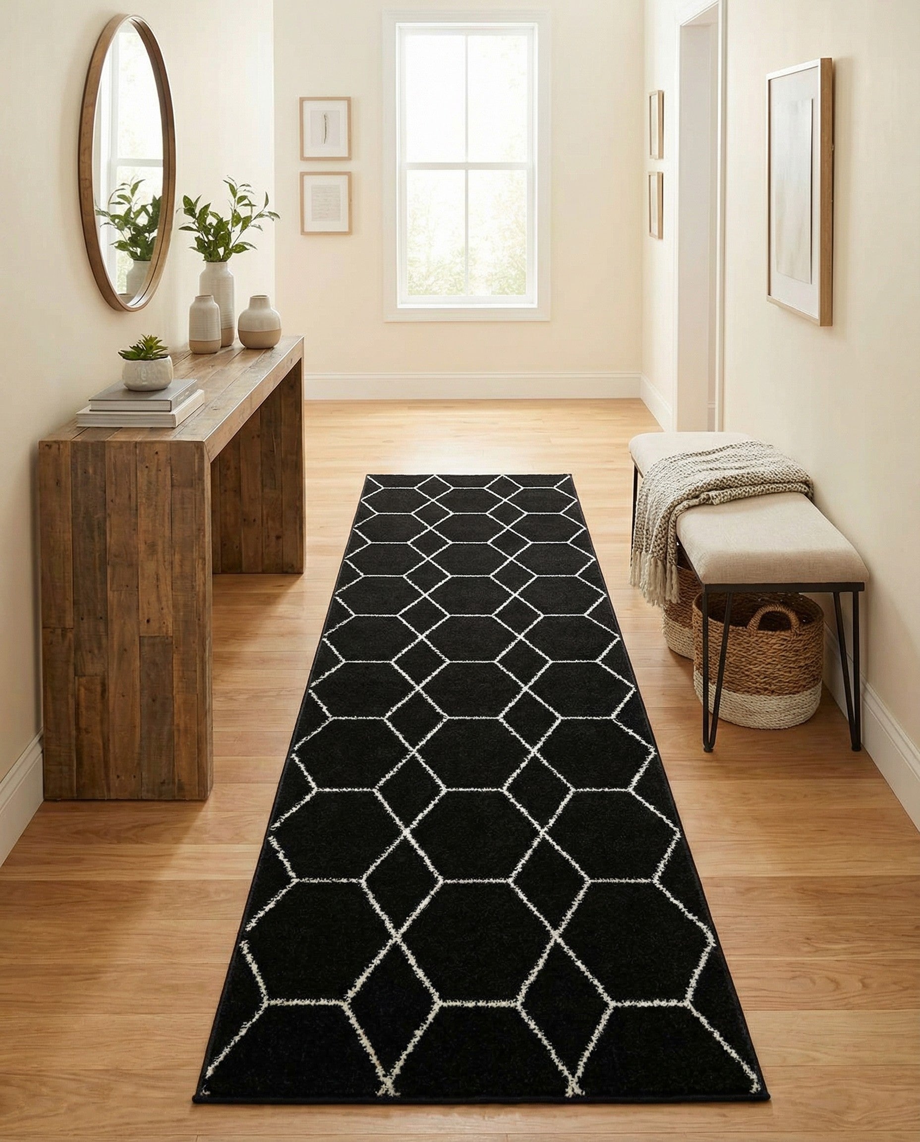 A 10 ft black runner rug with a modern white trellis pattern, ideal for a hallway.