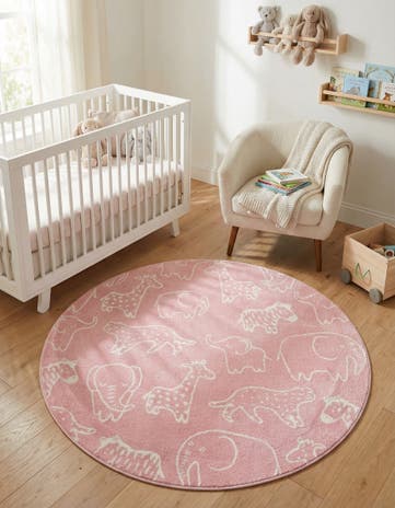 Pink Animals Whimsy Kids Round Rug