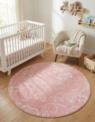 Pink Animals Whimsy Kids Round Rug