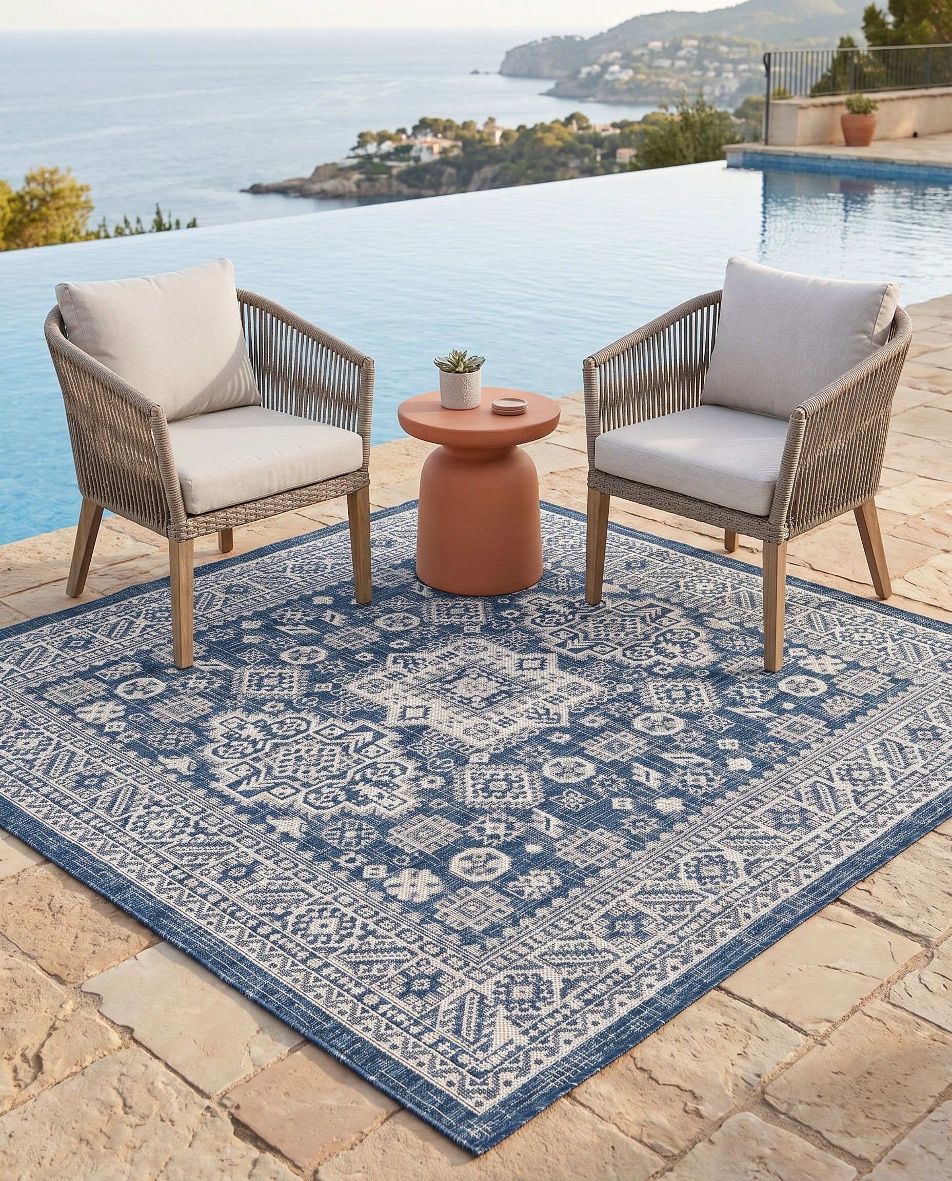 5' 3 x 5' 3 Easy-Clean Aztec Indoor / Outdoor Square Rug
